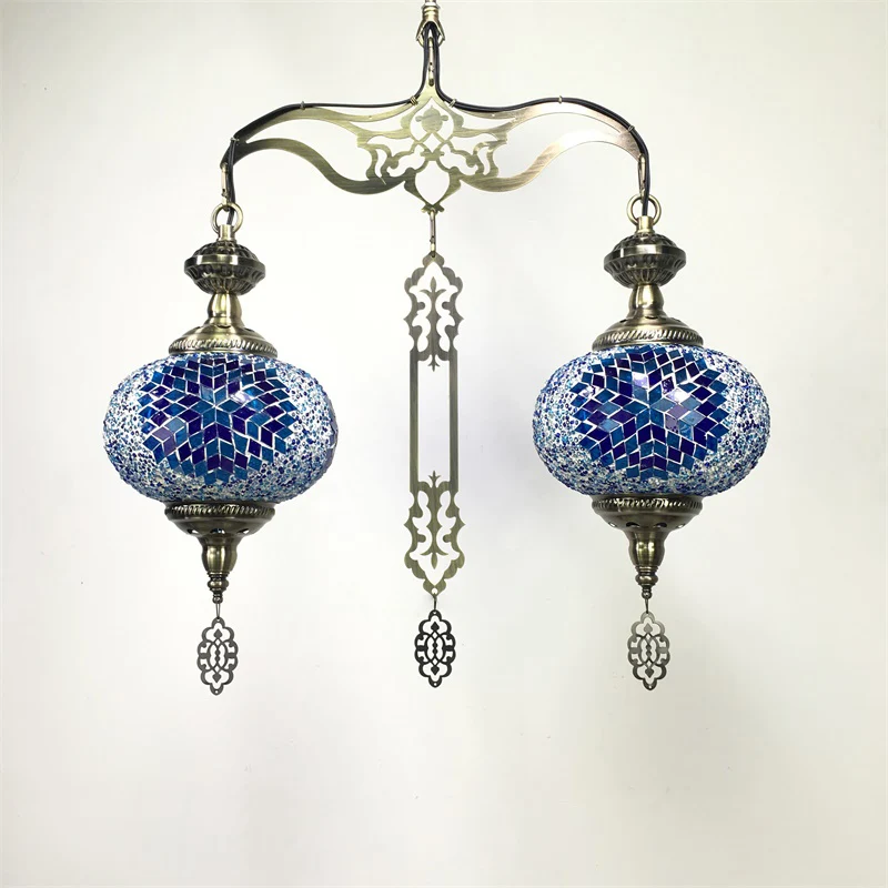 Global Kroonluchterlamp Traditioneel 2 Hoofden Rood/Blauw Glazen Plafond Hanglamp voor Hal Clearhalo