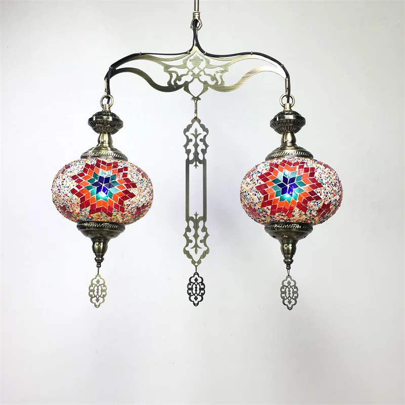 Global Kroonluchterlamp Traditioneel 2 Hoofden Rood/Blauw Glazen Plafond Hanglamp voor Hal Clearhalo