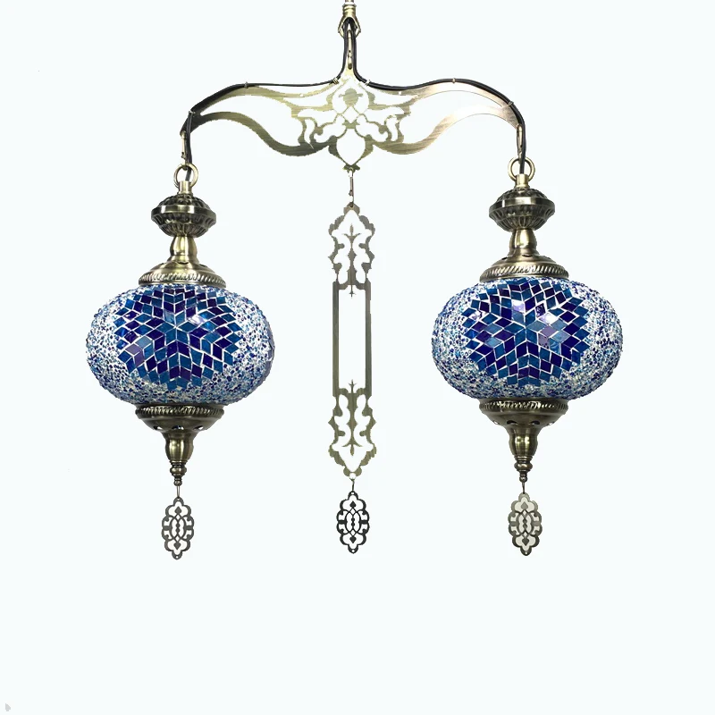 Global Kroonluchterlamp Traditioneel 2 Hoofden Rood/Blauw Glazen Plafond Hanglamp voor Hal Clearhalo