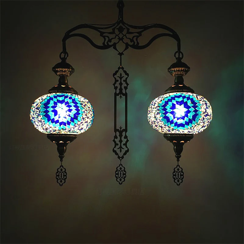 Global Kroonluchterlamp Traditioneel 2 Hoofden Rood/Blauw Glazen Plafond Hanglamp voor Hal Clearhalo