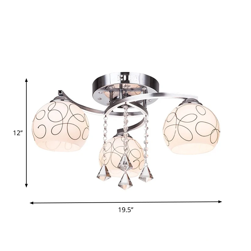 Global Living Room Semi Flush Minimalistisch Opaalglas 3/5 Lichten Chroom Plafond Flush met Crystal Drop Clearhalo