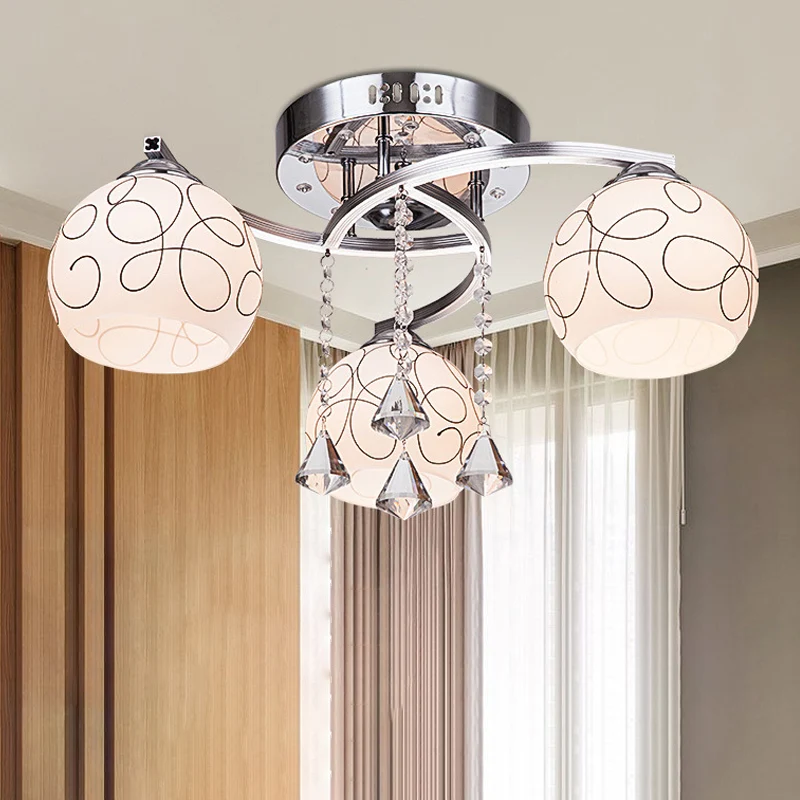 Global Living Room Semi Flush Minimalistisch Opaalglas 3/5 Lichten Chroom Plafond Flush met Crystal Drop Clearhalo