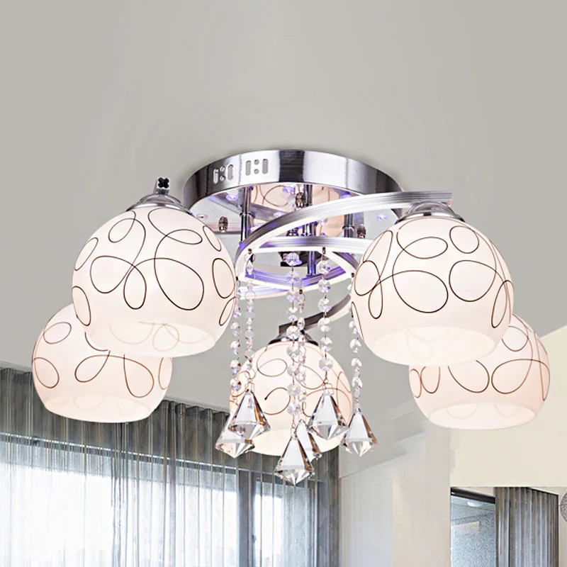 Global Living Room Semi Flush Minimalistisch Opaalglas 3/5 Lichten Chroom Plafond Flush met Crystal Drop Clearhalo