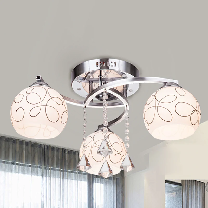 Global Living Room Semi Flush Minimalistisch Opaalglas 3/5 Lichten Chroom Plafond Flush met Crystal Drop Clearhalo