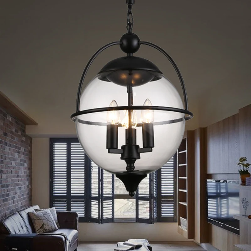 Globe helder glazen kroonluchter licht Traditionele 3-lichts woonkamer hanglamp zwart Clearhalo