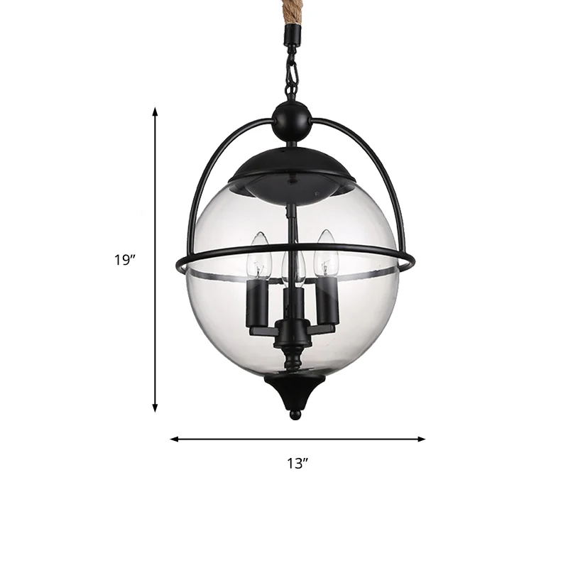 Globe helder glazen kroonluchter licht Traditionele 3-lichts woonkamer hanglamp zwart Clearhalo