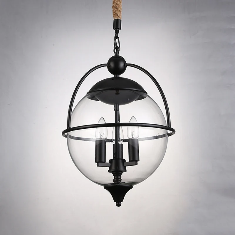 Globe helder glazen kroonluchter licht Traditionele 3-lichts woonkamer hanglamp zwart Clearhalo