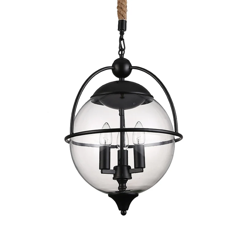 Globe helder glazen kroonluchter licht Traditionele 3-lichts woonkamer hanglamp zwart Clearhalo
