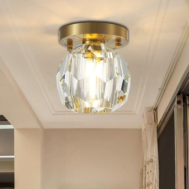 Globe inbouwlamp eigentijds gefacetteerd kristallen kap 1 licht messing plafondarmatuur voor gang Clearhalo