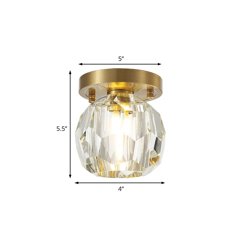 Globe inbouwlamp eigentijds gefacetteerd kristallen kap 1 licht messing plafondarmatuur voor gang Clearhalo
