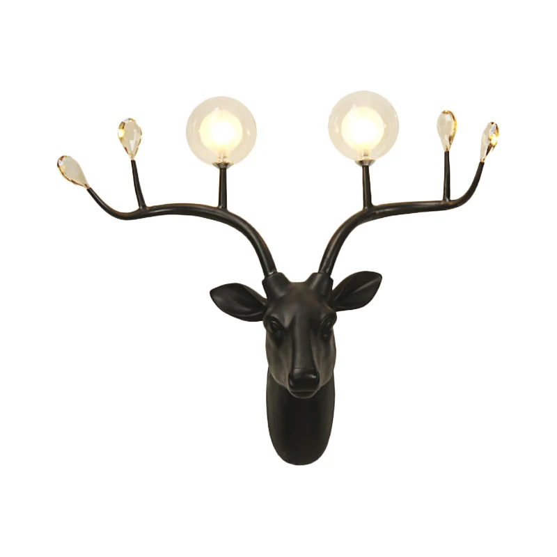 Globe Resin Sconce Light Rustiek 2-lichts woonkamer wandlamp zwart/wit met hertendeco Clearhalo