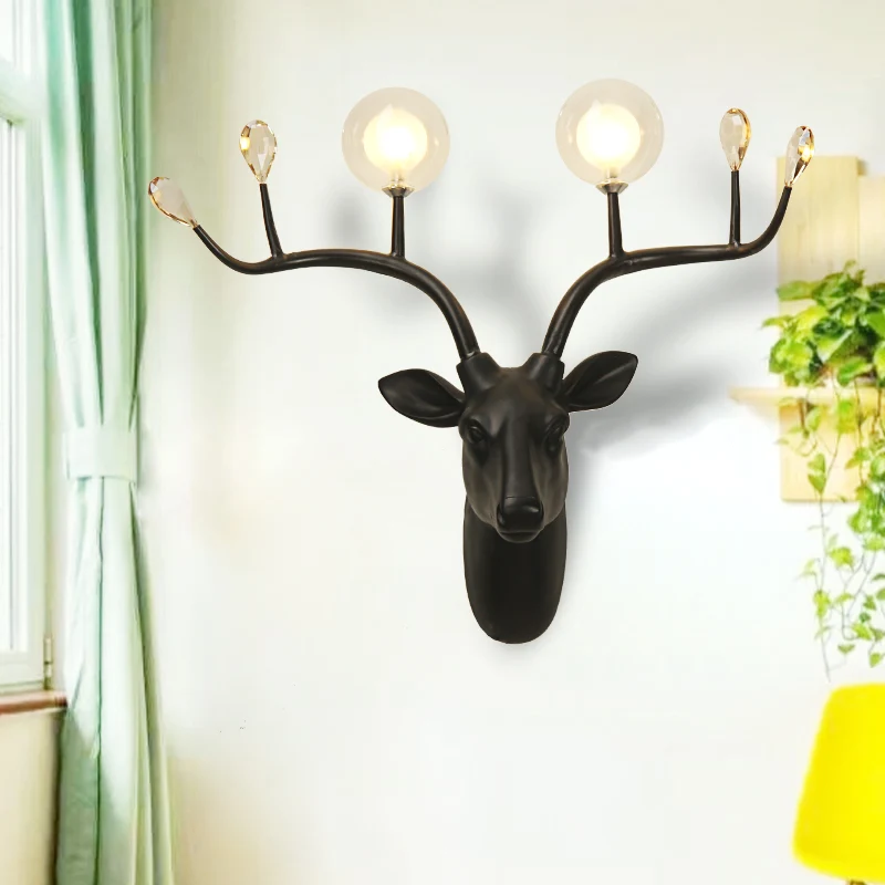 Globe Resin Sconce Light Rustiek 2-lichts woonkamer wandlamp zwart/wit met hertendeco Clearhalo