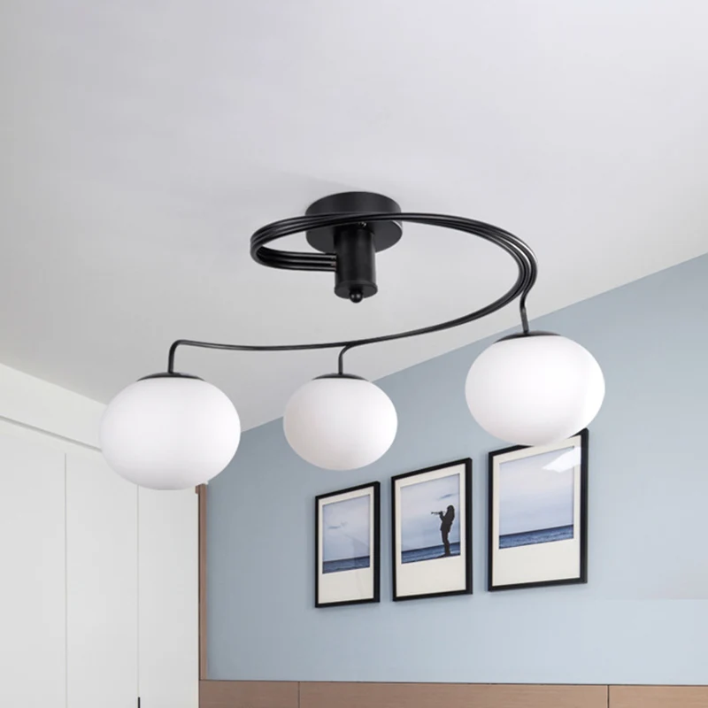 Globe Semi Flush Modernistisch Melkglas 3 Hoofden Zwart Plafondmontage Lichtarmatuur voor Slaapkamer Clearhalo