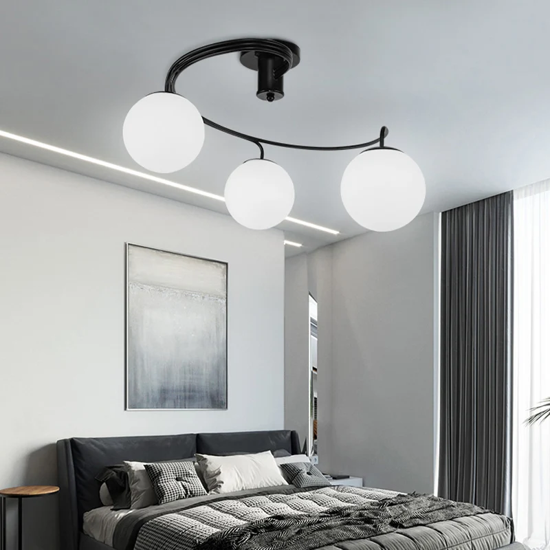 Globe Semi Flush Modernistisch Melkglas 3 Hoofden Zwart Plafondmontage Lichtarmatuur voor Slaapkamer Clearhalo