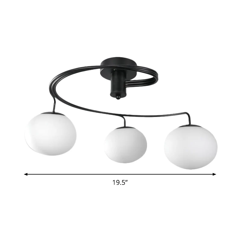 Globe Semi Flush Modernistisch Melkglas 3 Hoofden Zwart Plafondmontage Lichtarmatuur voor Slaapkamer Clearhalo