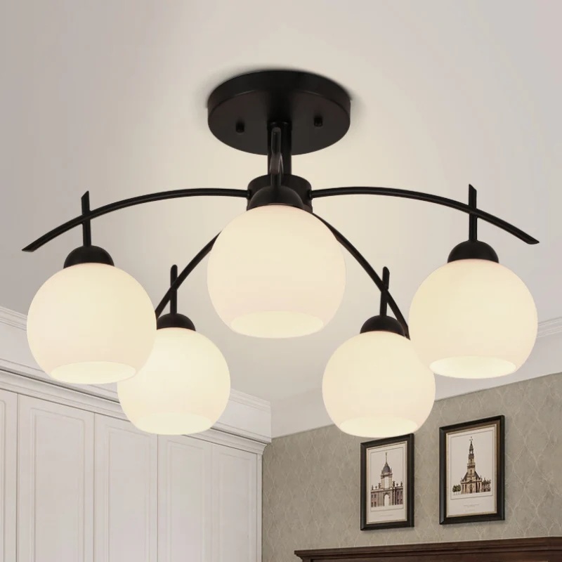 Globe wit glas semi-inbouw traditionele 3/5/6 lampen woonkamer plafondlamp zwart Clearhalo