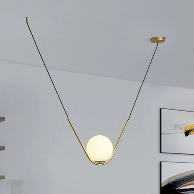 Gold Ball Hanglamp Post Modern Led Wit Glazen Hanglamp met V-vorm Staaf voor Eetkamer Clearhalo