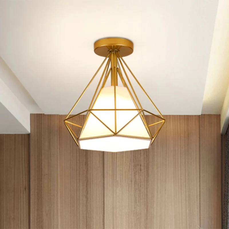 Gold Cage Diamond Semi Flush Hanglamp Vintage Industrieel Metaal 1 Licht Slaapkamer Plafondlamp Clearhalo