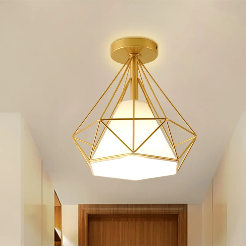 Gold Cage Diamond Semi Flush Hanglamp Vintage Industrieel Metaal 1 Licht Slaapkamer Plafondlamp Clearhalo