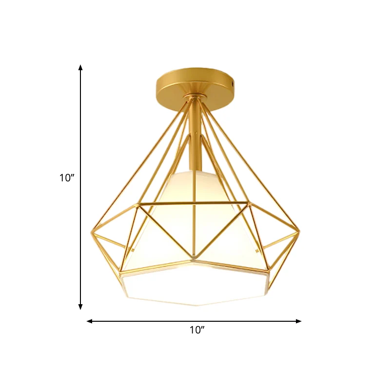 Gold Cage Diamond Semi Flush Hanglamp Vintage Industrieel Metaal 1 Licht Slaapkamer Plafondlamp Clearhalo