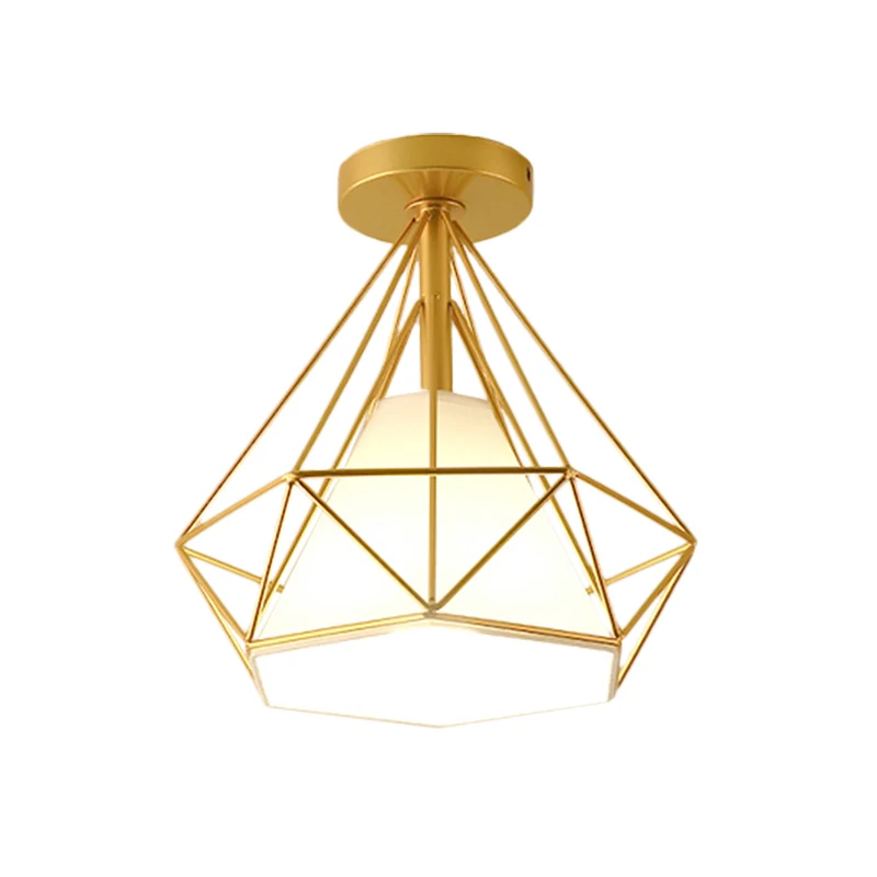 Gold Cage Diamond Semi Flush Hanglamp Vintage Industrieel Metaal 1 Licht Slaapkamer Plafondlamp Clearhalo