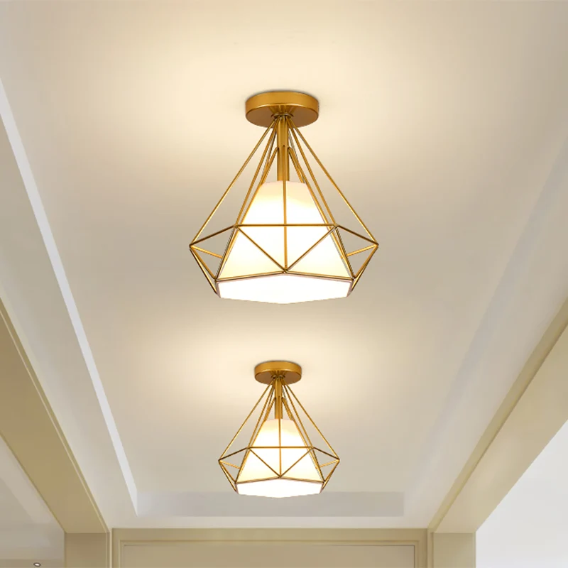 Gold Cage Diamond Semi Flush Hanglamp Vintage Industrieel Metaal 1 Licht Slaapkamer Plafondlamp Clearhalo