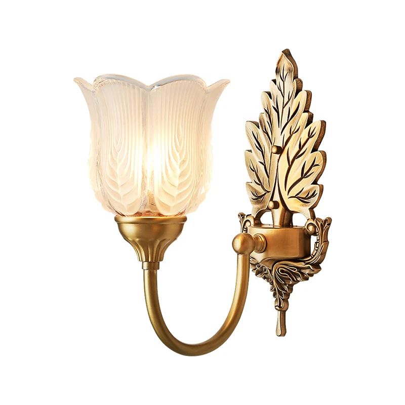 Golden Leaf Wandkandelaar Lichte metalen 1/2-lichts slaapkamerwandlamp antieke stijl met matglazen belkap Clearhalo