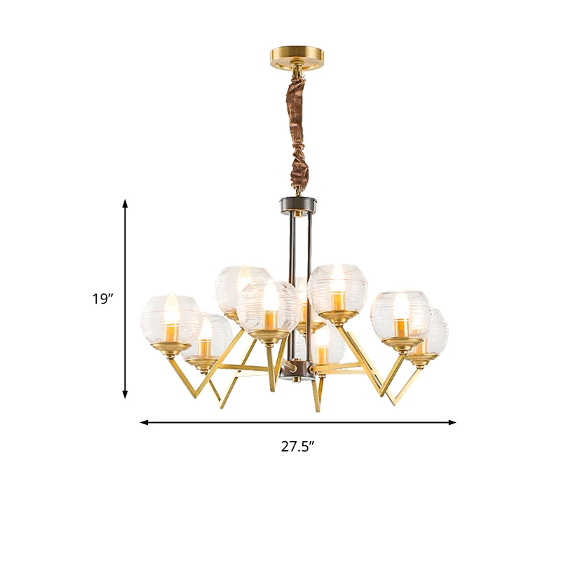Goud 9/12 Lichten Hangende Kroonluchter Traditionele Helder Geribbelde Glazen Bol Hanglamp Voor Woonkamer Clearhalo