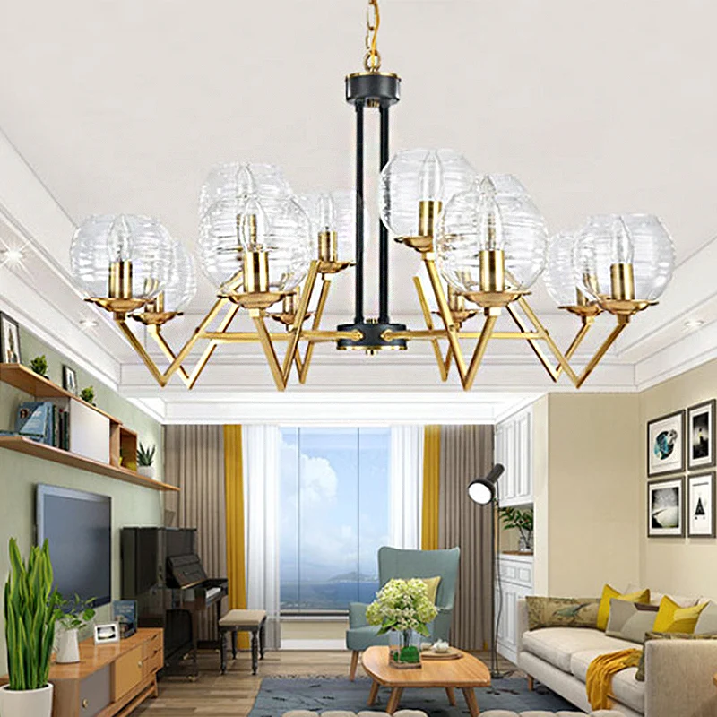 Goud 9/12 Lichten Hangende Kroonluchter Traditionele Helder Geribbelde Glazen Bol Hanglamp Voor Woonkamer Clearhalo