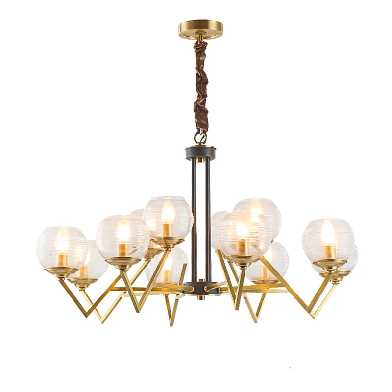 Goud 9/12 Lichten Hangende Kroonluchter Traditionele Helder Geribbelde Glazen Bol Hanglamp Voor Woonkamer Clearhalo