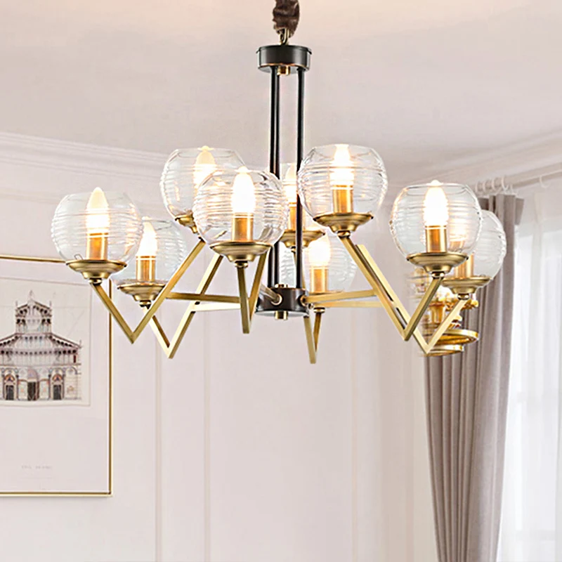 Goud 9/12 Lichten Hangende Kroonluchter Traditionele Helder Geribbelde Glazen Bol Hanglamp Voor Woonkamer Clearhalo