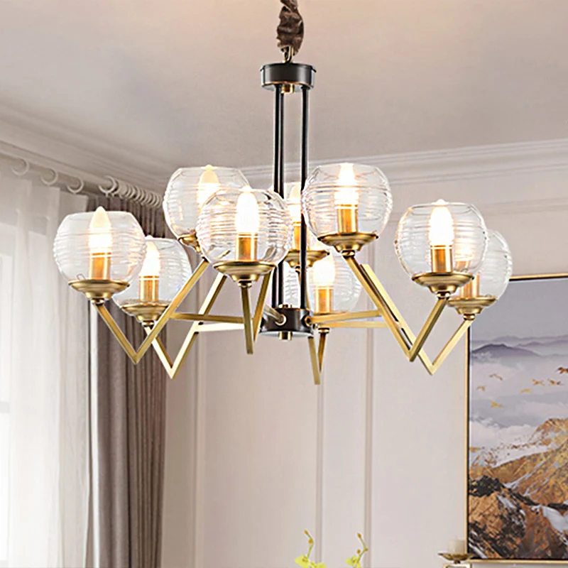 Goud 9/12 Lichten Hangende Kroonluchter Traditionele Helder Geribbelde Glazen Bol Hanglamp Voor Woonkamer Clearhalo