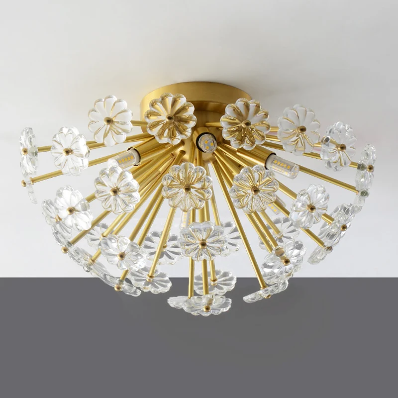Gouden 3/5-lichts semi-inbouw moderne kristallen boeket inbouwplafondlamp voor slaapkamer Clearhalo