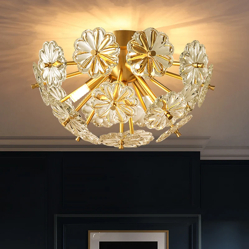 Gouden 3/5-lichts semi-inbouw moderne kristallen boeket inbouwplafondlamp voor slaapkamer Clearhalo