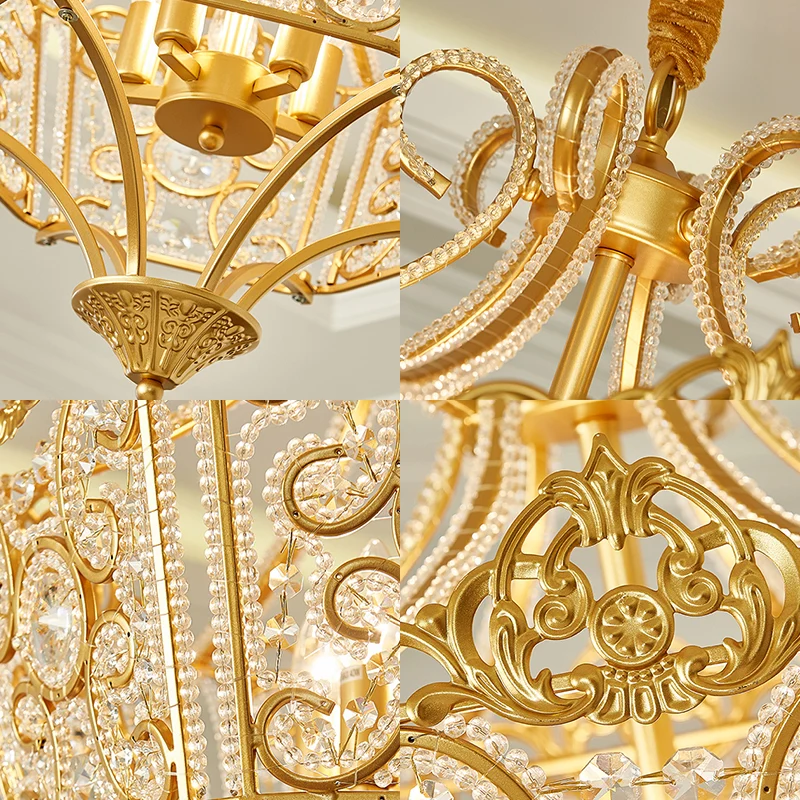 Gouden 5-lichts kroonluchter lichtarmatuur land kristal draadframe hanglamp voor slaapkamer Clearhalo