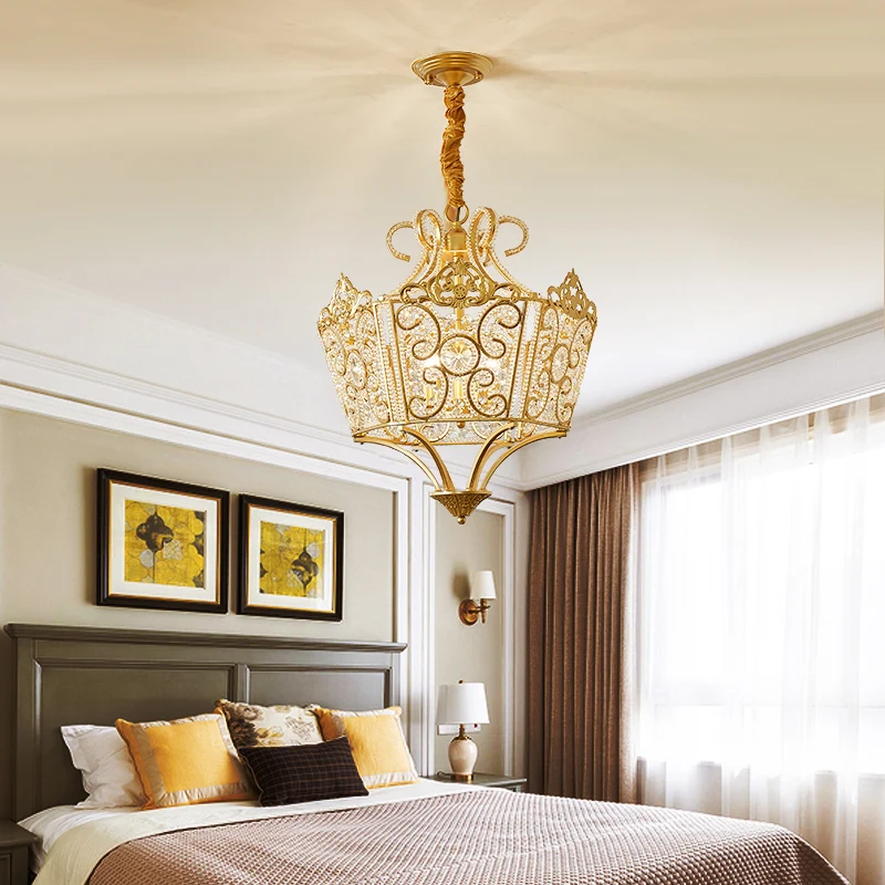 Gouden 5-lichts kroonluchter lichtarmatuur land kristal draadframe hanglamp voor slaapkamer Clearhalo
