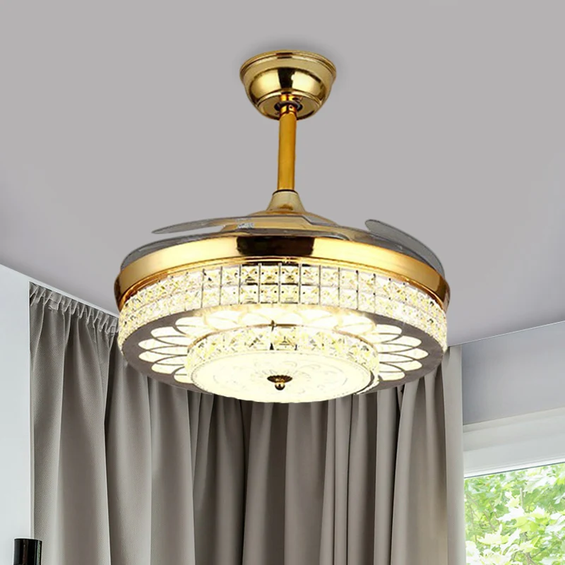 Gouden afwerking 42" brede LED semi-inbouw hedendaagse heldere kristallen blokken Drum plafondventilator licht met 3 blade...