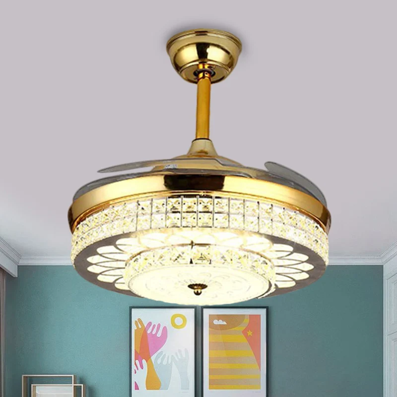 Gouden afwerking 42" brede LED semi-inbouw hedendaagse heldere kristallen blokken Drum plafondventilator licht met 3 blade...