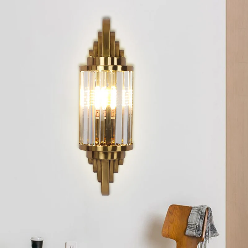 Gouden afwerking halve cilinder schans postmoderne 1-kops kristallen prisma's wandlamp voor woonkamer Clearhalo