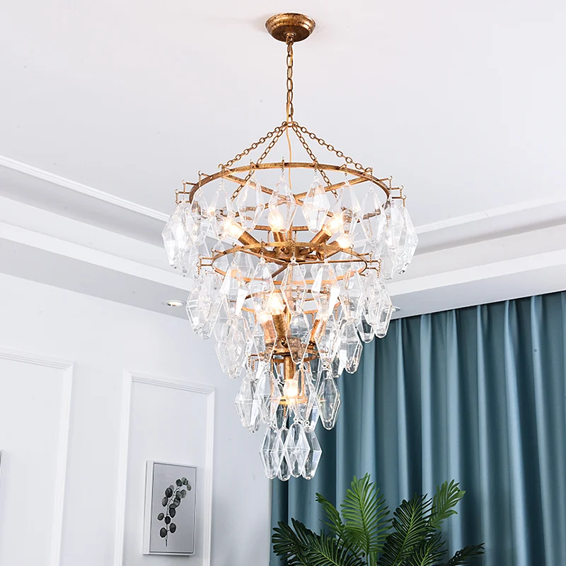 Gouden conische kroonluchter licht rustiek kristal 10 lampen woonkamer ophanging hanger Clearhalo