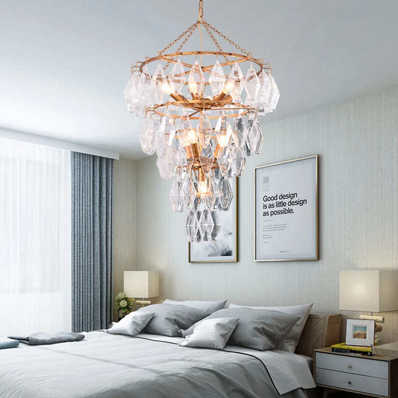 Gouden conische kroonluchter licht rustiek kristal 10 lampen woonkamer ophanging hanger Clearhalo