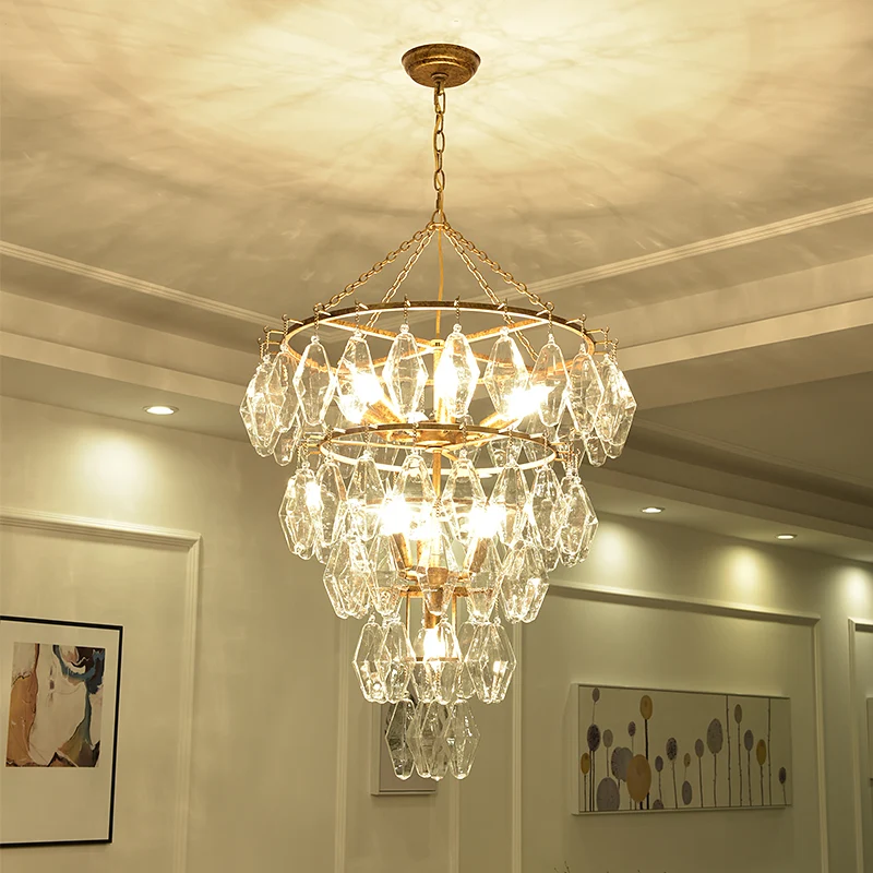 Gouden conische kroonluchter licht rustiek kristal 10 lampen woonkamer ophanging hanger Clearhalo