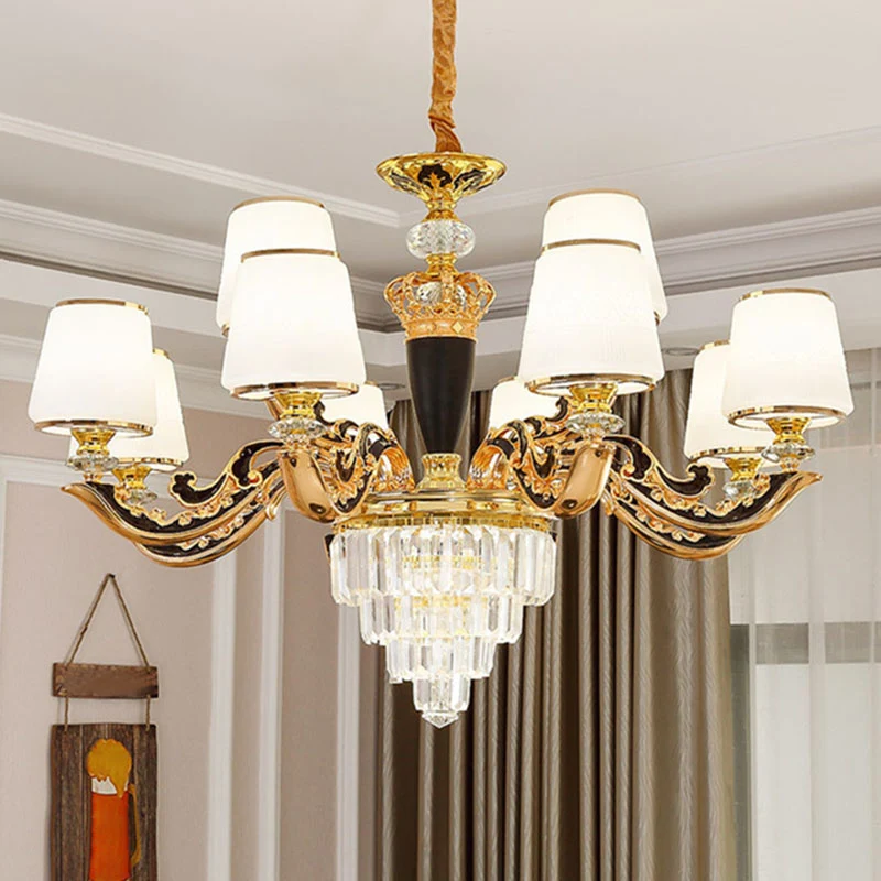Gouden conische kroonluchterverlichting Modernisme opaline glazen hanglampset met kristallen accent Clearhalo