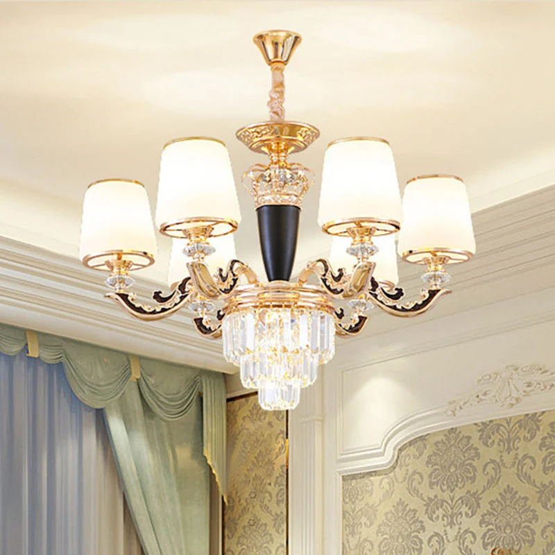 Gouden conische kroonluchterverlichting Modernisme opaline glazen hanglampset met kristallen accent Clearhalo