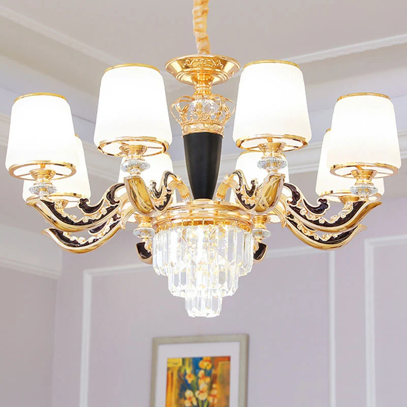 Gouden conische kroonluchterverlichting Modernisme opaline glazen hanglampset met kristallen accent Clearhalo