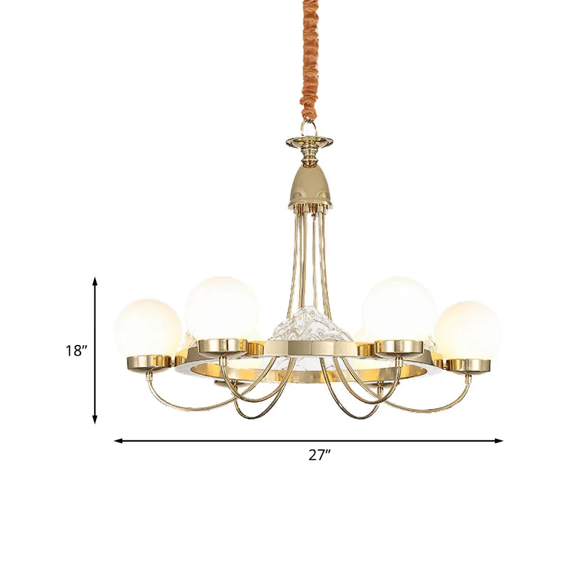 Gouden gebogen arm plafondkroonluchter Post Modern 6-kops metalen LED-hanglamp met globe-matte witte glazen kap Clearhalo