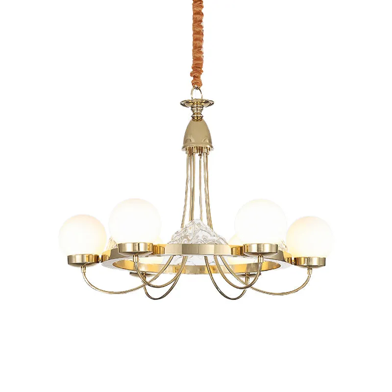 Gouden gebogen arm plafondkroonluchter Post Modern 6-kops metalen LED-hanglamp met globe-matte witte glazen kap Clearhalo