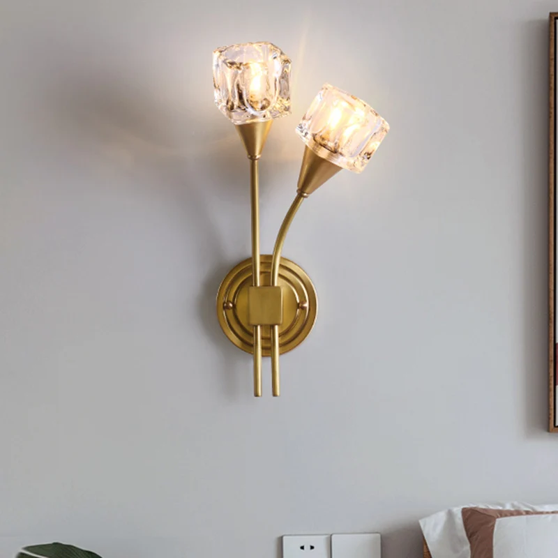 Gouden Kubus Wandkandelaar Verlichting Eigentijds 2 Lichten Helder Kristal LED Wandlamp voor Woonkamer Clearhalo