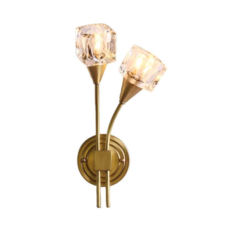 Gouden Kubus Wandkandelaar Verlichting Eigentijds 2 Lichten Helder Kristal LED Wandlamp voor Woonkamer Clearhalo