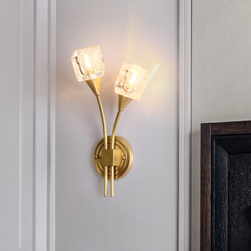 Gouden Kubus Wandkandelaar Verlichting Eigentijds 2 Lichten Helder Kristal LED Wandlamp voor Woonkamer Clearhalo